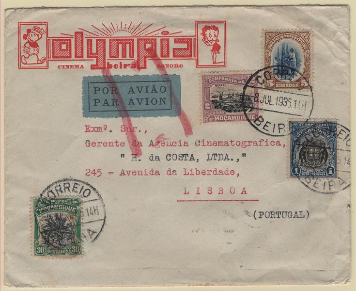 562.jpg -     Lote:    562            Companhia de Moçambique       Descrição:         1925/1931 &mdash; Motivos locais. Sobrescrito circulado por via aérea da Beira (08.07.35) para Lisboa (21.07.35) com selos de 30c, 1E, 2E e 5E, MF163A, 160, 161 e 168. Barras indicadoras da interrupção do serviço aéreo a vermelho, aposta presumivelmente em Londres.         Carta       Valor Base:     &euro; 50,00     Valor Venda:     &euro;      