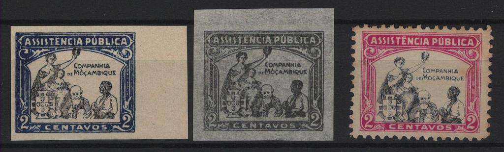 567.jpg -     Lote:    567            Companhia de Moçambique       Descrição:         1934 &mdash; Imposto Postal. Assistência Pública. MF IP2, 2C. Lote com duas provas de cor não denteadas, uma em azul e preto sobre papel liso e outra a preto sobre papel liso fino azulado. MB e MR.         PRV       Valor Base:     &euro; 40,00     Valor Venda:     &euro;      