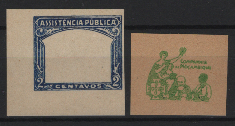 568.jpg -     Lote:    568            Companhia de Moçambique       Descrição:         1934 &mdash; Imposto Postal. Assistência Pública. MF IP2, 2C. Provas de cor não denteadas: da moldura em azul, papel liso e do centro em verde sobre papel camurça. Rara.         PRV       Valor Base:     &euro; 40,00     Valor Venda:     &euro;      