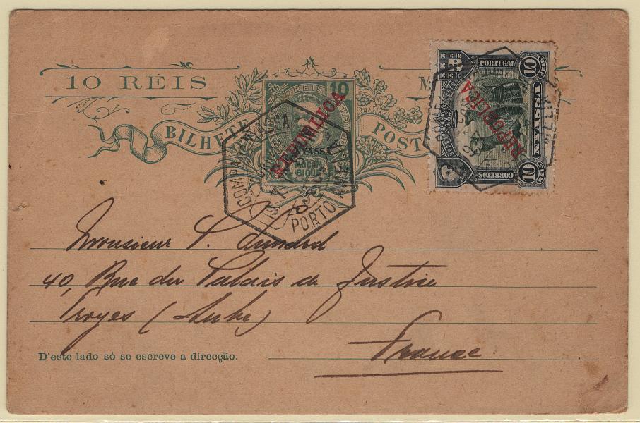 579.jpg -     Lote:    579            Companhia do Niassa       Descrição:         1912 &mdash; D. Carlos I, Mouchon. Bilhetes postais de Moçambique com a sobrecarga NYASSA. OM9, 10 reis verde circulado de Porto Amélia para França, com selo adicional de 10 reis da emissão D. Manuel II, com sobrecarga REPUBLICA, MF54. Exemplar bem conservado, sem defeitos ou reparações.          IC       Valor Base:     &euro; 75,00     Valor Venda:     &euro;      