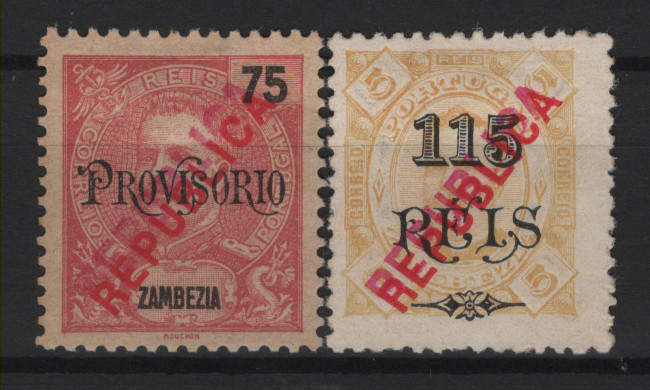 596.jpg -     Lote:    596            Zambézia       Descrição:         1914 &mdash; D. Carlos, tipo Diogo Neto, com sobretaxa + D. Carlos I, Mouchon, Selos de 1905, com sobretaxa. Lote composto por dois selos: MF70, 115 s/ 5 reis amarelo, denteado 11 Ÿ, papel porcelana + MF80, 75 reis carmim, denteado 11 Ÿ, com ligeira transparência do verso. Ambos com DUPLA IMPRESSÃO da sobretaxa. Selos com boa cor, sem reparações. Não catalogados os erros.         *       Valor Base:     &euro; 40,00     Valor Venda:     &euro;      