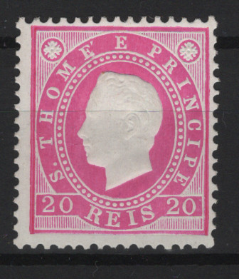 599.jpg -     Lote:    599            S. Tomé e Príncipe       Descrição:         1887 &mdash; D. Luís I. Fita direita. MF17b, 20 reis rosa, papel porcelana, denteado 12 &frac12;. Exemplar com boa cor, sem defeitos nem reparações. Valor de catálogo &euro; 220,00.         **       Valor Base:     &euro; 50,00     Valor Venda:     &euro;      