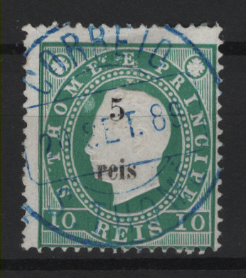 601.jpg -     Lote:    601            S. Tomé e Príncipe       Descrição:         1889/91 &mdash; D. Luís I. Fita direita. Com sobretaxa. MF24a, 5 reis s/ 10 reis, papel porcelana, denteado 13 &frac12;, com variedade "e" de "reis" sem acento. Exemplar usado com boa cor, sem defeitos nem reparações e assinado no verso. Valor de catálogo &euro; 150.00.         O       Valor Base:     &euro; 35,00     Valor Venda:     &euro;      