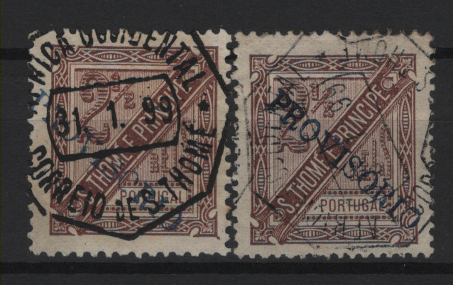 608.jpg -     Lote:    608            S. Tomé e Príncipe       Descrição:         1899 &mdash; D. Carlos I, com sobrecarga PROVISORIO. MF58 + 58b, 2 &frac12; reis, castanho, papel liso. Lote com dois selos, um em denteado 11 Ÿ e outro em 13 &frac12;. Exemplares usados, sem defeitos nem reparações. Valor de catálogo &euro; 160,00.         O       Valor Base:     &euro; 35,00     Valor Venda:     &euro;      