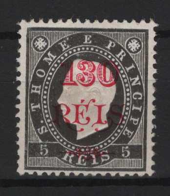 612.jpg -     Lote:    612            S. Tomé e Príncipe       Descrição:         1902 &mdash; D. Luís I. Fita direita, com sobretaxa. MF69, 400 s/ 50 reis, papel porcelana, denteado 13 &frac12;, sobrecarga tipo I. Selo novo com goma original, com sinal de charneira, boa cor e sem reparações, com leve REPINTE. Valor de catálogo &euro; 115,00.         **       Valor Base:     &euro; 30,00     Valor Venda:     &euro;      