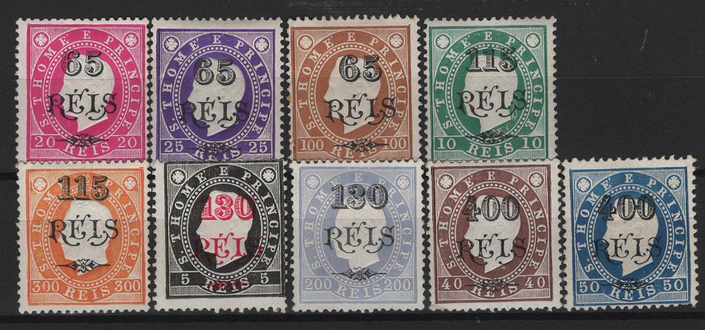 613.jpg -     Lote:    613            S. Tomé e Príncipe       Descrição:         1902 &mdash; D. Luís I. Fita direita, com sobretaxa. MF61/69. Série completa em papel porcelana, denteado 13 &frac12;, com exceção selo 400 s/ 50 reis em denteado 12 &frac12;. Selos de 65 s/ 100 reis e 130 s/ 200 reis sem goma, restantes com goma original e charneira e pequenos defeitos no denteado de dois selos. Lote a ver. Valor de catálogo &euro; 229,00.         **/*       Valor Base:     &euro; 40,00     Valor Venda:     &euro;      