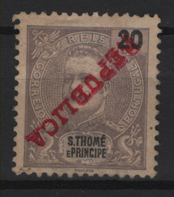 615.jpg -     Lote:    615            S. Tomé e Príncipe       Descrição:         1911 &mdash; D. Carlos I, Mouchon. MF100, 20 reis violeta cinzento. Selo novo, sem reparações com DUPLA SOBRECARGA INVERTIDAS. Não catalogado.         *       Valor Base:     &euro; 25,00     Valor Venda:     &euro;      