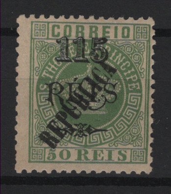 620.jpg -     Lote:    620            S. Tomé e Príncipe       Descrição:         1913 &mdash; Coroa. Selos de 1902, com sobrecarga REPUBLICA tipografada localmente. MF128, 115 s/ 10 reis verde. Exemplar com boa cor, sem reparações e dois dentes mais curtos. Valor de catálogo &euro; 260,00.         *       Valor Base:     &euro; 60,00     Valor Venda:     &euro;      