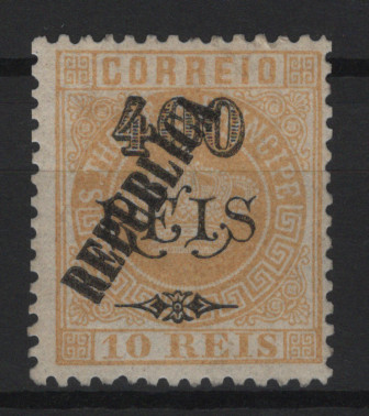 622.jpg -     Lote:    622            S. Tomé e Príncipe       Descrição:         1913 &mdash; Coroa. Selos de 1902, com sobrecarga REPUBLICA tipografada localmente. MF128A, 400 s/ 10 reis amarelo, sobretaxa tipo I, papel liso, denteado 11 Ÿ x 12. Exemplar com boa cor, com retoques no denteado, com goma não original. Certificado de peritagem de J. Miranda da Valor de catálogo &euro; 1.000,00.         *       Valor Base:     &euro; 300,00     Valor Venda:     &euro;      