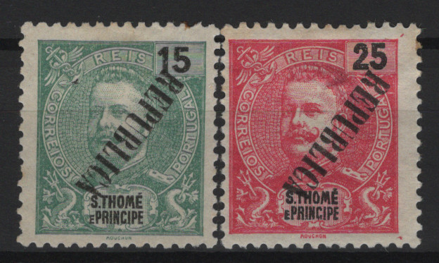 625.jpg -     Lote:    625            S. Tomé e Príncipe       Descrição:         1913 &mdash; D. Carlos I, Mouchon. Selos de 1903, com sobrecarga REPUBLICA tipografada localmente. MF139/140, 15 reis verde + 25 reis carmim rosa. Ambos com a SOBRECARGA INVERTIDA. Exemplares com boa cor, sem goma nem reparações. Selo de 25 reis com ligeira transparência no verso. Não catalogados os erros.         *       Valor Base:     &euro; 40,00     Valor Venda:     &euro;      