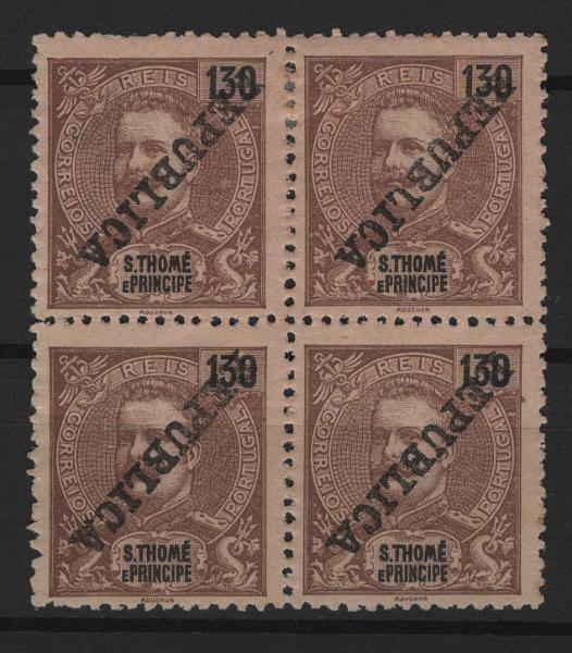 636.jpg -     Lote:    636            S. Tomé e Príncipe       Descrição:         1913 &mdash; D. Carlos I, Mouchon. Selos de 1903, com sobrecarga REPUBLICA zincogravada localmente. MF172, 130 reis castanho s/ amarelo. Quadra com boa cor, sem reparações e pequenos defeitos no denteado, com a SOBRECARGA INVERTIDA. Erro não catalogado.         *       Valor Base:     &euro; 60,00     Valor Venda:     &euro;      