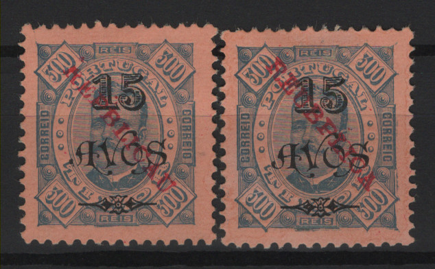 658.jpg -     Lote:    658            Timor       Descrição:         1913 &mdash; D. Carlos I. Selos de 1902, com sobrecarga REPUBLICA tipografada localmente. Sobrecarga tipo II. MF148a e 148b, 15 avos s/ 300 reis, azul s/ laranja. Lote com dois selos com variedades na sobrecarga "REPBLICAU" e REUPBLICA". Exemplares sem goma, como emitidos, boa cor, sem defeitos nem reparações. Valor de catálogo &euro; 110,00.         *       Valor Base:     &euro; 35,00     Valor Venda:     &euro;      