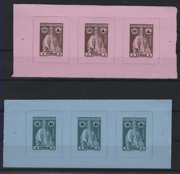 660.jpg -     Lote:    660            Timor       Descrição:         1914 &mdash; Ceres. MF162/176. Série incompleta (falta MF175) composta por 14 tiras horizontais de 3 provas de cor de cada uma das taxas, nas cores aprovadas, não denteadas, em papel liso desde &frac14; avo até 40 avos e papel porcelana nos restantes. Em cada tira o primeiro selo e segundo selos com estrelas III/IV e o terceiro com estrelas I/IV. Provas consideradas com clandestinas. MB e R.         PRV       Valor Base:     &euro; 300,00     Valor Venda:     &euro;      