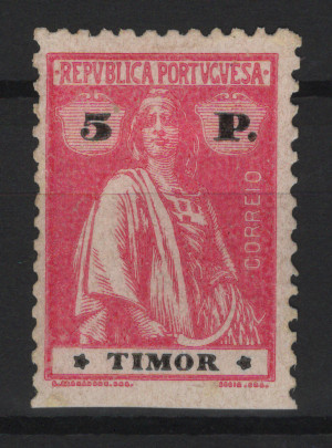 664.jpg -     Lote:    664            Timor       Descrição:         1923 &mdash; Ceres. Novos valores. MF203, 5P carmim rosa, papel porcelana, denteado 12x11 &frac12;, com estrelas III/IV, NÃO DENTEADO, no bordo inferior. Selo novo sem goma original, com boa cor, sem defeitos nem reparações.         *       Valor Base:     &euro; 50,00     Valor Venda:     &euro;      