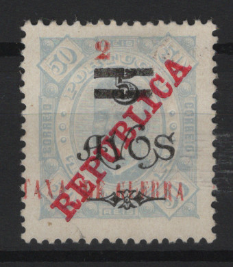 671.jpg -     Lote:    671            Timor       Descrição:         1919 &mdash; Imposto Postal. D. Carlos I, com sobretaxa "2 / TAXA DE GUERRA", tipografada localmente. MF IP2, 2 avos s/ 5 avos s/ 50 reis azul claro, papel porcelana, denteado 13 &frac12;. Exemplar muito raro, com boa cor, sem goma como emitidos, sem defeitos ou reparações. Certificado de peritagem de Leilões P. Dias, Lda. Valor de catálogo &euro; 4.000,00.         *       Valor Base:     &euro; 2.000,00     Valor Venda:     &euro;      