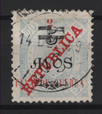 679.jpg -     Lote:    679            Timor       Descrição:         1919 &mdash; Imposto Postal. D. Carlos I, com sobretaxa "2 / TAXA DE GUERRA", tipografada localmente. MF IP2, 2 avos s/ 5 avos s/ 50 reis, azul claro, papel porcelana, denteado 11 Ÿ. Exemplar muito raro, com boa cor, usado, sem reparações, com leves e pequenos adelgaçamentos próximos da margem superior. Certificado de peritagem de peritagem de J. Miranda da Mota. Valor de catálogo &euro; 3.600,00.         O       Valor Base:     &euro; 1.500,00     Valor Venda:     &euro;      