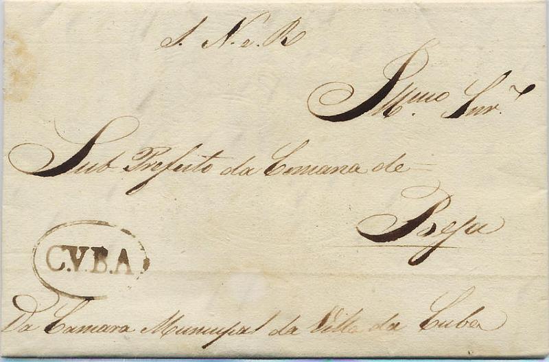 0001.jpg -     Lote:    1            Colecção Invicta       Descrição:      CVBA   &mdash; A sépia, GM CUB1 em carta datada de Cuba (11.02.1835) para Beja, isenta de porte (SNR). Certificado n.º 184 da FPF. MB.        Carta       Valor Base:     &euro; 40,00     Valor Venda:     &euro; 80,00     