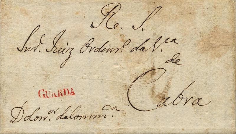 0002.jpg -     Lote:    2            Colecção Invicta       Descrição:      Guarda   &mdash; A vermelho, GM GRD2 em carta circulada da Guarda (18.08.1830) para Cabra, isenta de porte (R. S.). Acompanha certificado da FPF n.º 336.        Carta       Valor Base:     &euro; 40,00     Valor Venda:     &euro; 48,00     