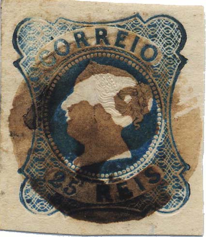 0011.jpg -     Lote:    11            Colecção Invicta       Descrição:         1853 &mdash; D. Maria II. CE2, 25 reis azul, tipo II. Selo com boas margens, obliterado com carimbo numérico da 1.ª reforma, batido a sépia, provavelmente 112 &mdash; VISEU.        O       Valor Base:     &euro; 10,00     Valor Venda:     &euro; 12,00     