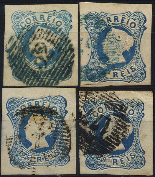 0012.jpg -     Lote:    12            Colecção Invicta       Descrição:         1853 &mdash; D. Maria II. CE2, 25 reis azul, tipo I. Lote de 4 selos com boas margens. Valor de catálogo &euro; 228,80.        Lote       Valor Base:     &euro; 30,00     Valor Venda:     &euro; 30,00     