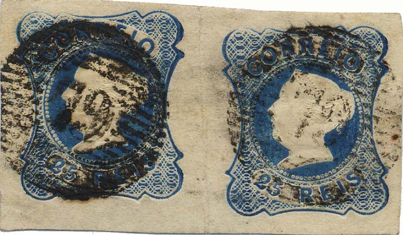 0014.jpg -     Lote:    14            Colecção Invicta       Descrição:         1853 &mdash; D. Maria II. CE2, 25 reis azul, tipo II. Par horizontal, com largas margens, obliterado com carimbo numérico da 1.ª reforma 79 &mdash; ALBERGARIA-A-VELHA. Valor de catálogo &euro; 100,80.        O       Valor Base:     &euro; 20,00     Valor Venda:     &euro; 26,00     