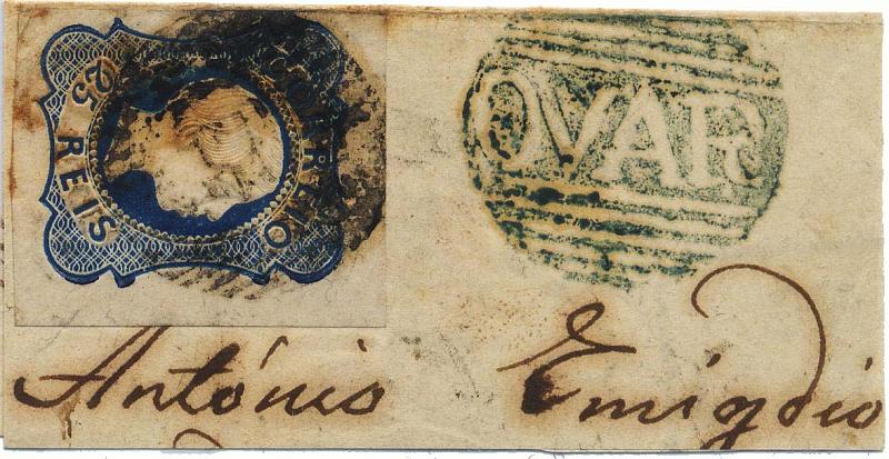0028.jpg -     Lote:    28            Colecção Invicta       Descrição:         1855/56 &mdash; D. Pedro V. Cabelos lisos. CE 7, 25 reis azul escuro. Tipo II. Selo com largas margens em fragmento. Carimbo nominativo (em negativo) batido a verde de "OVAR". MR.        FRG       Valor Base:     &euro; 50,00     Valor Venda:     Retirado     