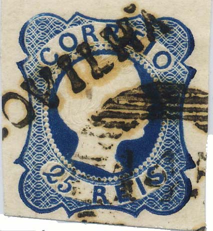 0029.jpg -     Lote:    29            Colecção Invicta       Descrição:         1855/56 &mdash; D. Pedro V. Cabelos lisos. CE 7, 25 reis azul escuro. Tipo II. Selo com boas margens, obliterado com carimbo nominativo pré-filatélico, batido a preto "COVILHÃ" * GM CVL2. MR.        O       Valor Base:     &euro; 30,00     Valor Venda:     Retirado     