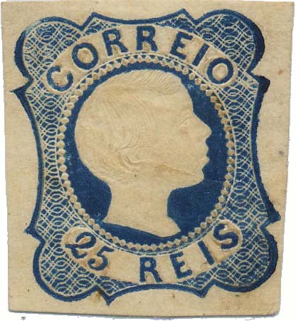 0031.jpg -     Lote:    31            Colecção Invicta       Descrição:         1855/56 &mdash; D. Pedro V. Cabelos lisos. CE 7, 25 reis azul. Tipo II. Selo com margens normais, sem goma e muito ligeiro adelgaçamento. Um ligeiro ponto de óxido. Valor de catálogo &euro; 1.970,00.        *       Valor Base:     &euro; 100,00     Valor Venda:     &euro; 200,00     