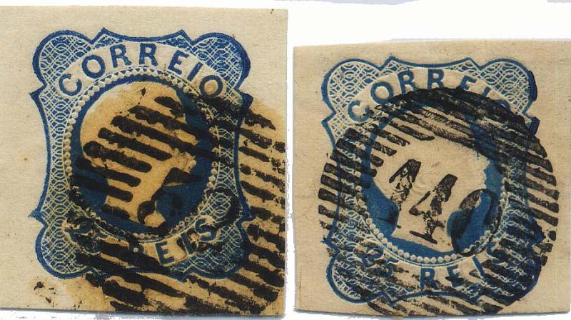 0032.jpg -     Lote:    32            Colecção Invicta       Descrição:         1855/56 &mdash; D. Pedro V. Cabelos lisos. CE 7, 25 reis azul. Tipo II. Lote de dois selos: um com margens de luxo e outro com margens largas, obliterado com carimbo numérico da 1.ª reforma 140 &mdash; ALVAIAZERE (RRR &mdash; O. Pinto).        O       Valor Base:     &euro; 22,00     Valor Venda:     &euro; 36,00     