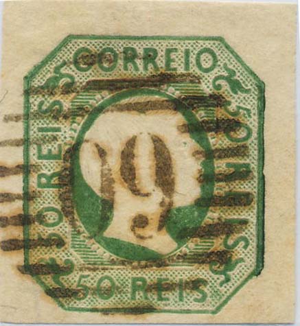 0033.jpg -     Lote:    33            Colecção Invicta       Descrição:         1855/56 &mdash; D. Pedro V. Cabelos lisos. CE 8, 50 reis verde amarelo. Selo com três margens largas e uma curta, obliterado com carimbo numérico da 1.ª reforma 60 &mdash; FEIRA. B. Valor de catálogo &euro; 119,00.        O       Valor Base:     &euro; 22,00     Valor Venda:     &euro; 24,00     