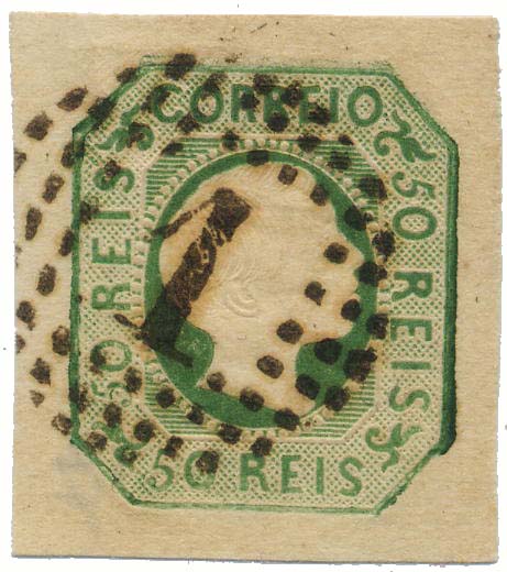 0035.jpg -     Lote:    35            Colecção Invicta       Descrição:         1855/56 &mdash; D. Pedro V. Cabelos lisos. CE 8, 50 reis verde. Selo com margens de luxo, obliterado com carimbo de pontos 1 - LISBOA. MB. Valor de catálogo &euro; 119,00.        O       Valor Base:     &euro; 20,00     Valor Venda:     &euro; 30,00     