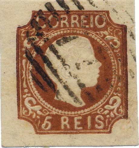 0043.jpg -     Lote:    43            Colecção Invicta       Descrição:         1856/58 &mdash; D. Pedro V. Cabelos anelados. CE10, 5 reis castanho vermelho, tipo II. Selo com três margens de luxo e uma normal. Valor de catálogo &euro; 161,00.        O       Valor Base:     &euro; 25,00     Valor Venda:     &euro; 40,00     