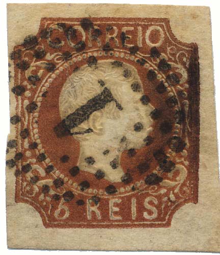 0047.jpg -     Lote:    47            Colecção Invicta       Descrição:         1856/58 &mdash; D. Pedro V. Cabelos anelados. CE10, 5 reis castanho, tipo IV. Selo com três margens normais e uma curta. Valor de catálogo &euro; 251,00.        O       Valor Base:     &euro; 30,00     Valor Venda:     Retirado     