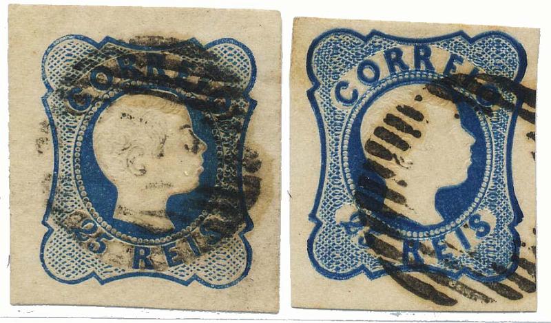 0051.jpg -     Lote:    51            Colecção Invicta       Descrição:         1856/58 &mdash; D. Pedro V. Cabelos anelados. CE11, 25 reis azul (linhas simples). Lote de dois selos: um com margens normais e outro com margens de luxo. B. Valor de catálogo &euro; 192,80.        O       Valor Base:     &euro; 25,00     Valor Venda:     &euro; 130,00     