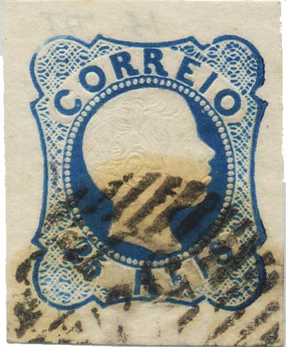 0063.jpg -     Lote:    63            Colecção Invicta       Descrição:         1856/58 &mdash; D. Pedro V. Cabelos anelados. CE12, 25 reis azul (linhas duplas), tipo III. Selo com margens de luxo. Valor de catálogo &euro; 116,00.        O       Valor Base:     &euro; 20,00     Valor Venda:     &euro; 32,00     