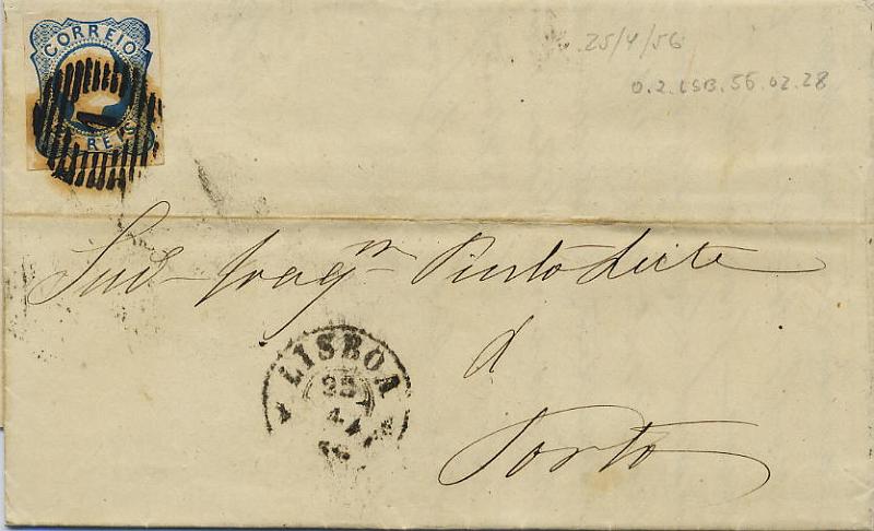 0064.jpg -     Lote:    64            Colecção Invicta       Descrição:         1856/58 &mdash; D. Pedro V. Cabelos anelados. CE12, 25 reis azul (linhas duplas), tipo II. Carta circulada de Lisboa (23.04.56) para o Porto (25.04.56). Selo com margens normais.        Carta       Valor Base:     &euro; 12,00     Valor Venda:     Retirado     
