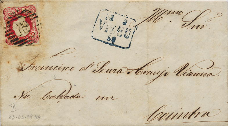 0068.jpg -     Lote:    68            Colecção Invicta       Descrição:         1856/58 &mdash; D. Pedro V. Cabelos anelados. CE13, 25 reis carmim, tipo III. Selo com margens curtas em carta remetida de Viseu (23.03.59) para Coimbra. Carimbo de barras 112, batido a preto e carimbo pré-filatélico batido a azul GM VIS8. MB.        Carta       Valor Base:     &euro; 40,00     Valor Venda:     Retirado     