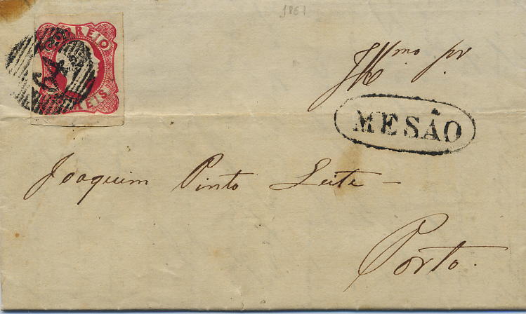 0070.jpg -     Lote:    70            Colecção Invicta       Descrição:         1856/58 &mdash; D. Pedro V. Cabelos anelados. CE13, 25 reis carmim, em carta circulada de Mesão (21.08.61) para o Porto (22.08.61). Selo com margens normais. Carimbos de barras "64" e nominativo com cercadura oval de MESÃO, ambos batidos a preto.        Carta       Valor Base:     &euro; 15,00     Valor Venda:     &euro; 15,00     