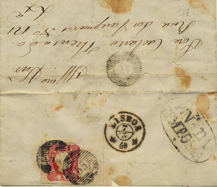 0077.jpg -     Lote:    77            Colecção Invicta       Descrição:         1856/58 &mdash; D. Pedro V. Cabelos anelados. CE13, 25 reis carmim, tipo IV, em carta circulada de Pinheiro da Bemposta (03.03.58) para Lisboa (07.03.58). Selo bordo de folha com margens de luxo, obliterado com carimbo de barras "55" e nominativo oval de "PIN.º DA / BEMPOSTA". MB e MR.        Carta       Valor Base:     &euro; 75,00     Valor Venda:     Retirado     