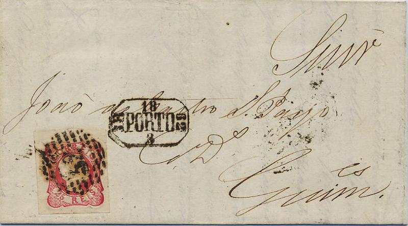 0078.jpg -     Lote:    78            Colecção Invicta       Descrição:         1856/58 &mdash; D. Pedro V. Cabelos anelados. CE13, 25 reis carmim, tipo VI, em carta circulada do Porto (18.03.62) para Guimarães. Selo com boas margens obliterado com carimbo de pontos "52" e carimbo do período pré-adesivo GM PRT19, batidos a preto.        Carta       Valor Base:     &euro; 12,00     Valor Venda:     &euro; 12,00     