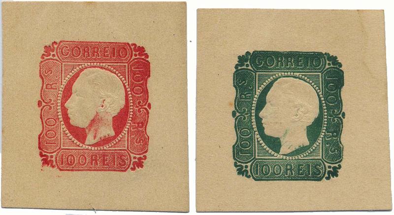 0080.jpg -     Lote:    80            Colecção Invicta       Descrição:         1864 &mdash; D. Luís I. Impressão em relevo. Desenho e gravura de Francisco Borja Freire. Não denteados. Lote de duas provas para o selo de 100 reis em papel espesso, nas cores verde e tijolo. Valor de catálogo &euro; 514,00. MB e MR.        PRV       Valor Base:     &euro; 200,00     Valor Venda:     &euro; 200,00     