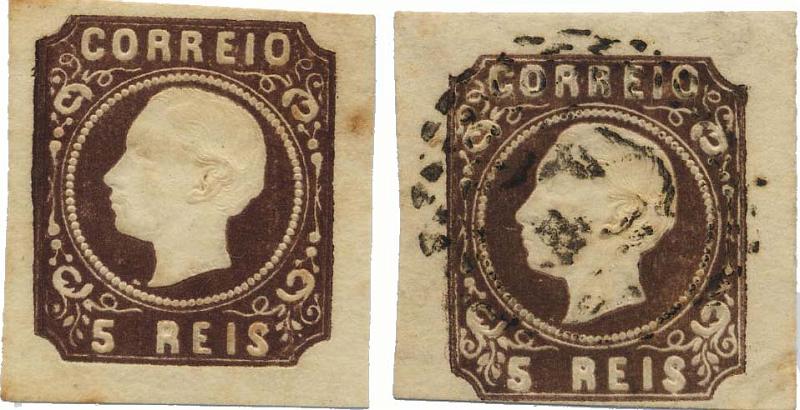 0091.jpg -     Lote:    91            Colecção Invicta       Descrição:         1862/64 &mdash; D. Luís I. CE14, 5 reis castanho, tipo XIII. Lote composto por selo novo com três margens normais e uma curta, sem goma + selo usado com 3 margens de luxo e uma curta. Valor de catálogo &euro; 329,70.        */O       Valor Base:     &euro; 50,00     Valor Venda:     &euro; 60,00     