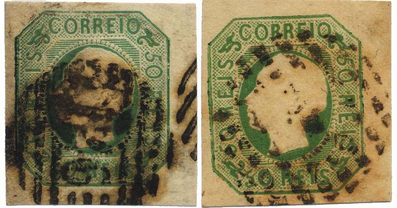 0099.jpg -     Lote:    99            Colecção Invicta       Descrição:         1862/64 &mdash; D. Luís I. CE17, 50 reis verde. Lote composto por dois selos, com boas margens. Valor de catálogo &euro; 266,00.        O       Valor Base:     &euro; 42,00     Valor Venda:     Retirado     