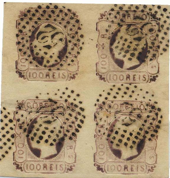 0100.jpg -     Lote:    100            Colecção Invicta       Descrição:         1862/64 &mdash; D. Luís I. CE18, 100 reis lilás. Quadra, obliterada com carimbo de pontos "52". Boas margens. MB. Valor de catálogo &euro; 1.248,00.        O       Valor Base:     &euro; 200,00     Valor Venda:     &euro; 320,00     