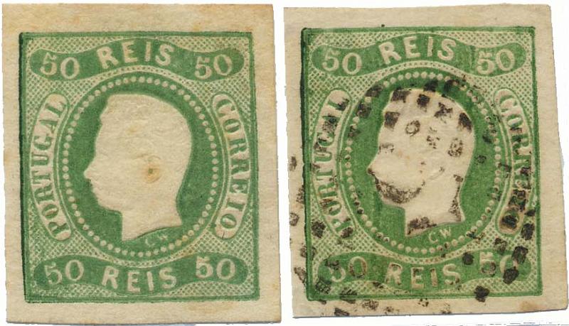 0110.jpg -     Lote:    110            Colecção Invicta       Descrição:         1866/67 &mdash; D. Luís I. Fita curva, não denteados. CE23, 50 reis verde, com boas margens. Lote de dois selos: um novo com pequeno adelgaçamento + selo usado. Valor de catálogo &euro; 545,00.        **/O       Valor Base:     &euro; 40,00     Valor Venda:     Retirado     