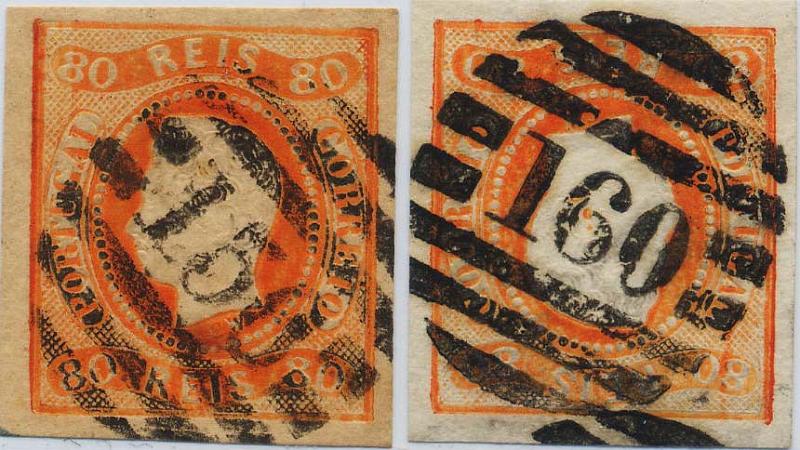 0111.jpg -     Lote:    111            Colecção Invicta       Descrição:         1866/67 &mdash; D. Luís I. Fita curva, não denteados. CE24, 80 reis laranja, com margens normais. Lote de 2 selos obliterados com carimbos da 2.ª reforma 156 &mdash; TONDELA e 160 &mdash; ABRANTES. MB. Valor de catálogo &euro; 230,00.        O       Valor Base:     &euro; 46,00     Valor Venda:     &euro; 50,00     
