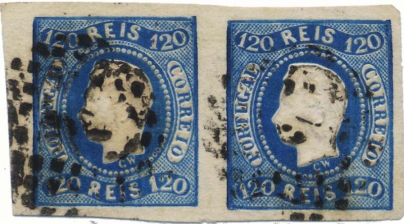 0117.jpg -     Lote:    117            Colecção Invicta       Descrição:         1866/67 &mdash; D. Luís I. Fita curva, não denteados. CE26, 120 reis azul. Par horizontal com boas margens. Valor de catálogo &euro; 248,00.        O       Valor Base:     &euro; 50,00     Valor Venda:     &euro; 50,00     