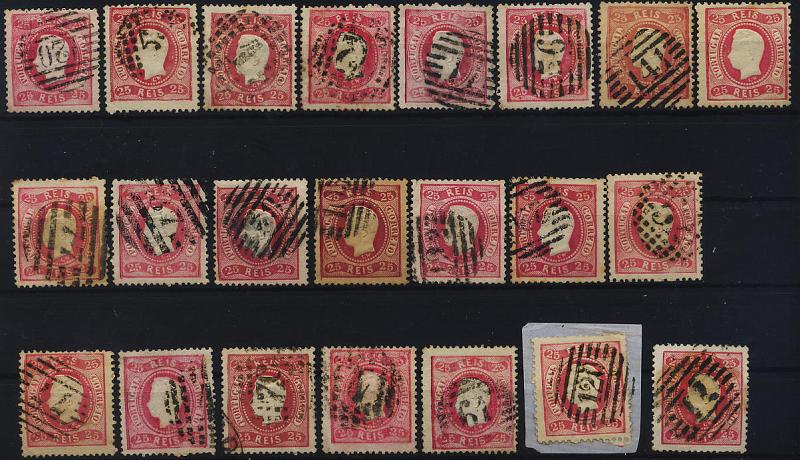 0120.jpg -     Lote:    120            Colecção Invicta       Descrição:         1867/70 &mdash; D. Luís I. Fita curva. Denteados. CE30, 25 reis carmim. Lote de 21 selos usados + um novo. Variedades de cunhos, e diversa marcofilia. Lote a ver. Valor de catálogo &euro; 408,60.        Lote       Valor Base:     &euro; 40,00     Valor Venda:     &euro; 40,00     