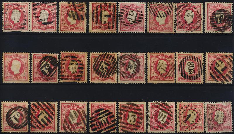 0122.jpg -     Lote:    122            Colecção Invicta       Descrição:         1867/70 &mdash; D. Luís I. Fita curva. Denteados. CE30, 25 reis carmim. Lote de 23 selos usados (um par) + um selo novo. Variedades de cunhos e marcofilia interessante. Lote a ver. Valor de catálogo &euro; 326,40.        Lote       Valor Base:     &euro; 32,00     Valor Venda:     &euro; 32,00     