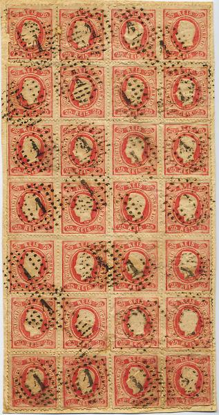 0123.jpg -     Lote:    123            Colecção Invicta       Descrição:         1867/70 &mdash; D. Luís I. Fita curva. Denteados. CE30, 25 reis carmim, tipo XII. Fragmento com folha completa de 28 selos, obliterada com carimbo de pontos 1 &mdash; LISBOA.         FRG       Valor Base:     &euro; 75,00     Valor Venda:     &euro; 75,00     